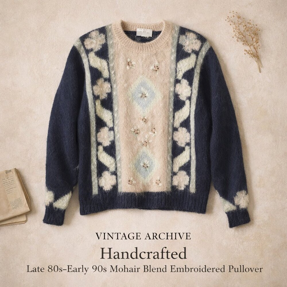 Vintage Mohair Wool Blend Floral Embroidered Sweater Pullover Women’s M